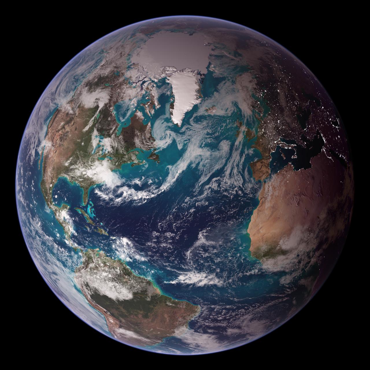 NASA Blue Marble composite of Earth, with ocean, clouds and a glowing atmosphere